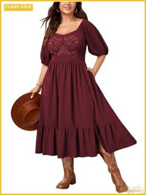 Plus Size Boho Midi Dress Short Sleeve Ruffle Split Floral Embroidered